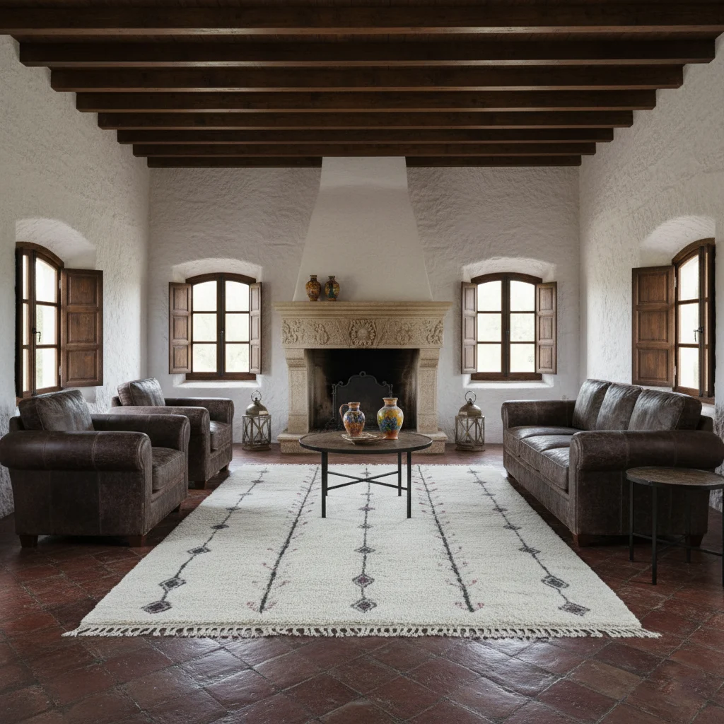Ivory diamond-line rug between dark leather sofas facing a stone fireplace under wood beams.