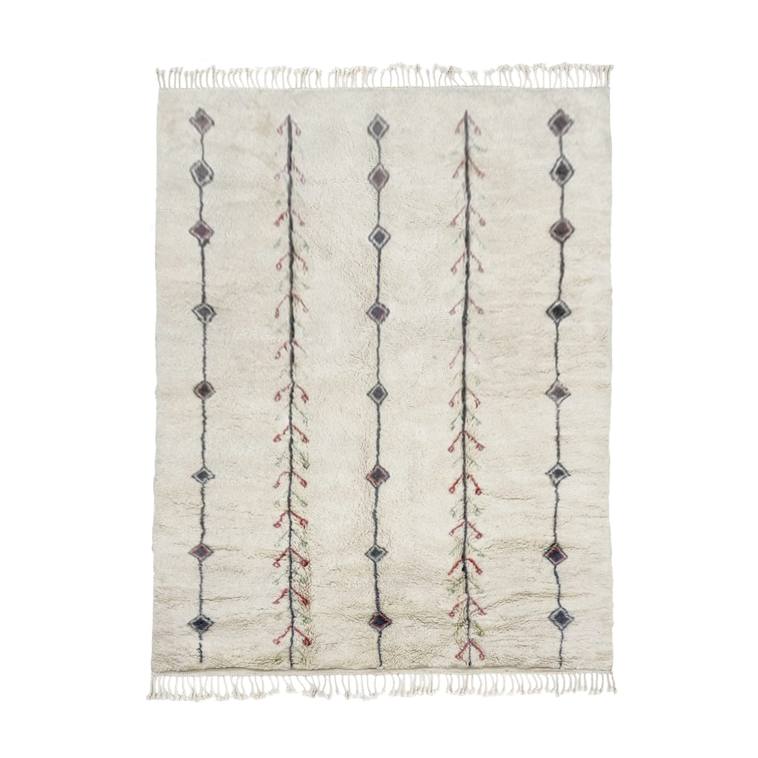 Ivory shaggy wool rug on a white background with five vertical lines of small diamonds and rust-red branch marks, fringed at both ends.
