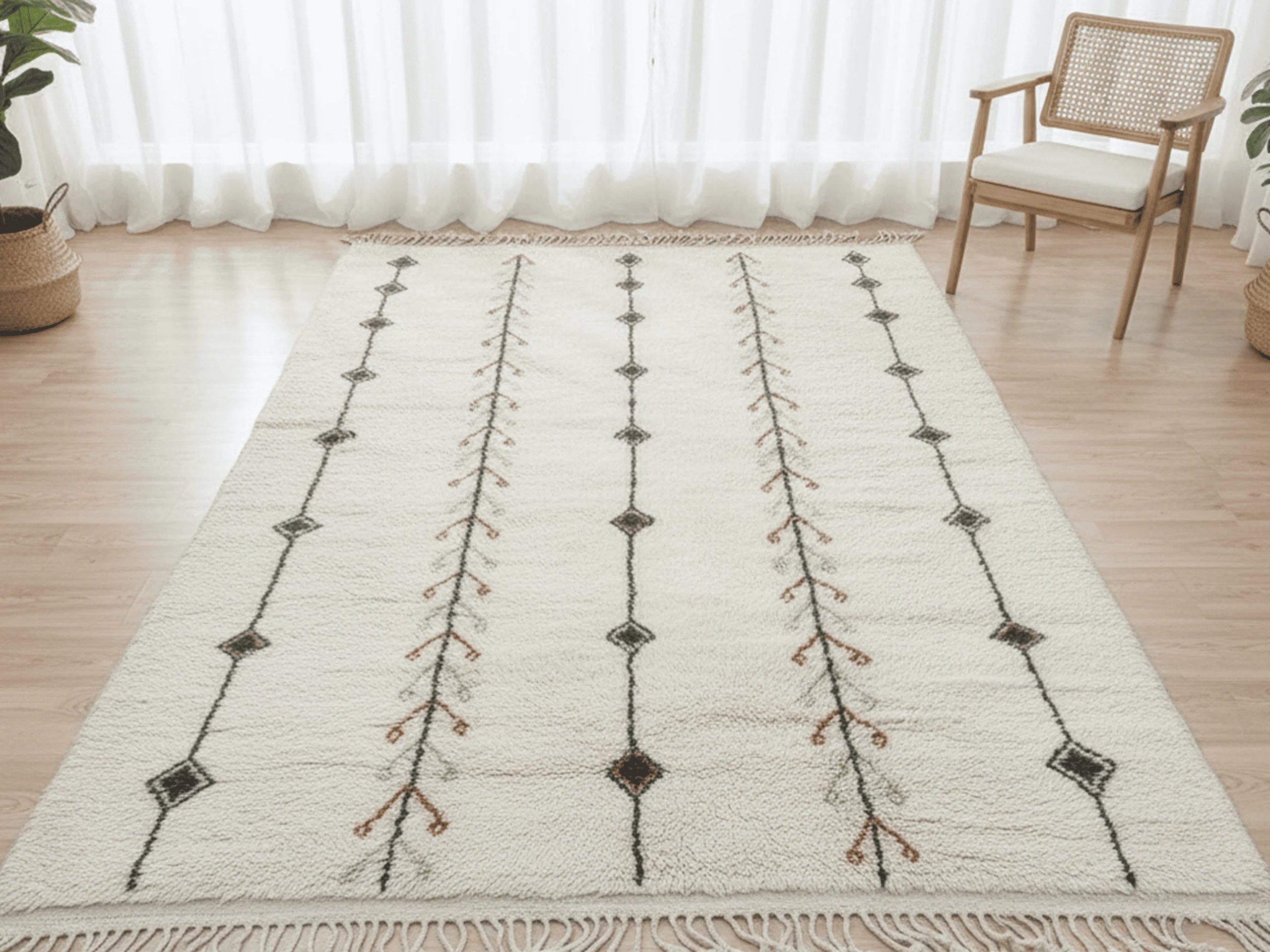 Ivory rug with dark diamond lines and rust branch marks on a light wood floor by a cane armchair and sheer curtains.