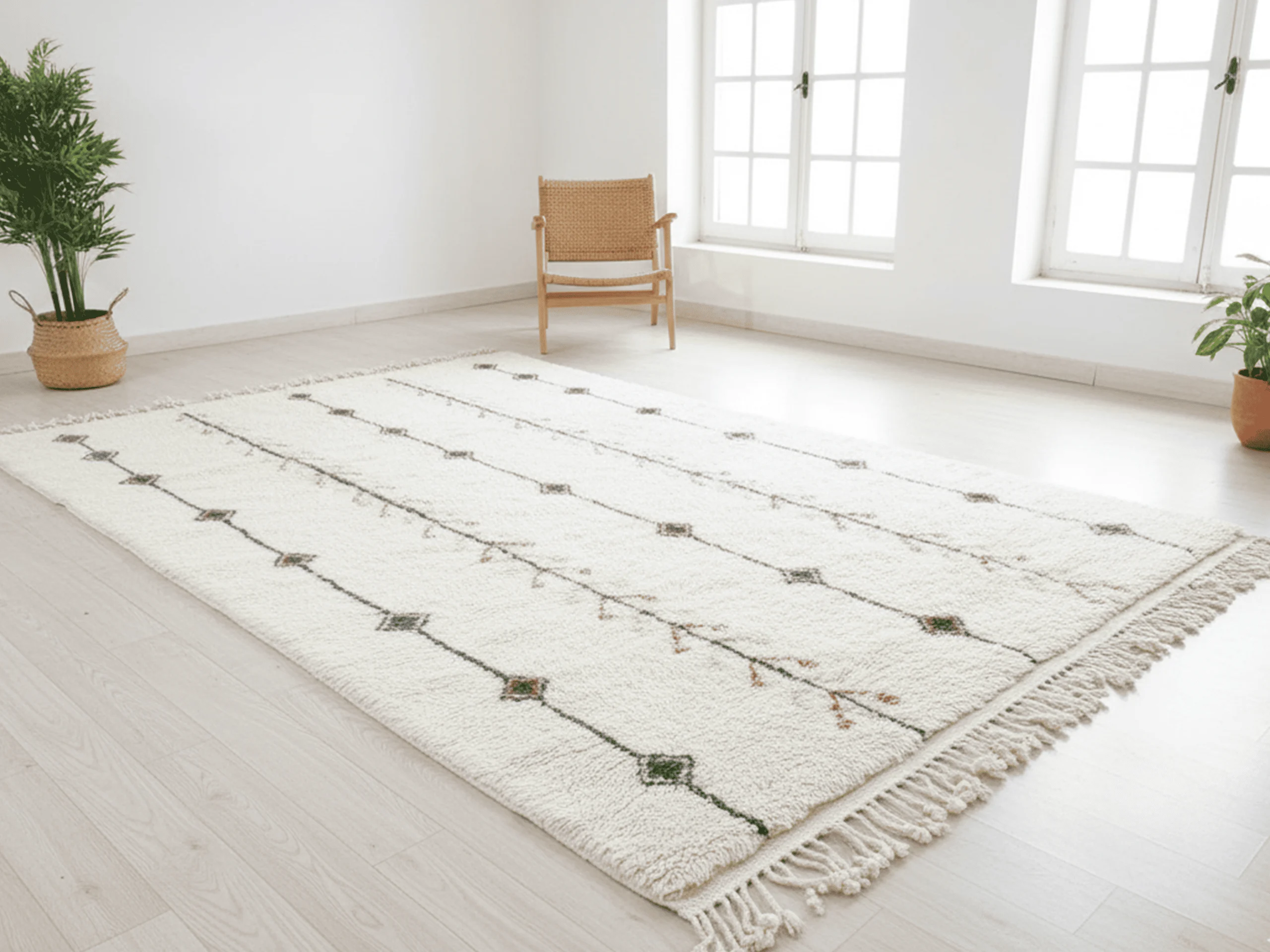 Angled view of the ivory diamond-line rug in a white room with a cane chair and plants.