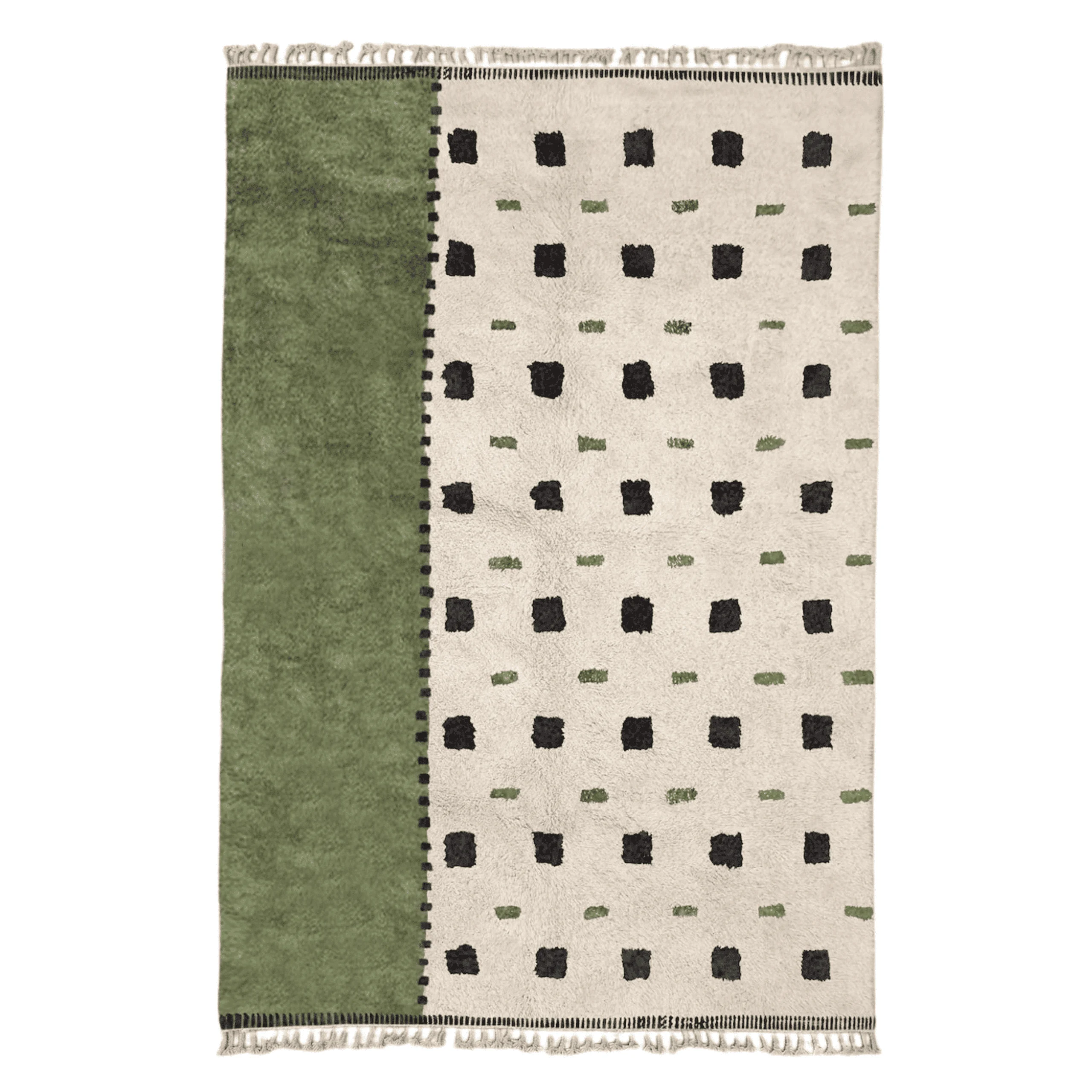 Ivory wool rug on a white background with rows of black square dots and green dashes, and a solid green panel down one side.