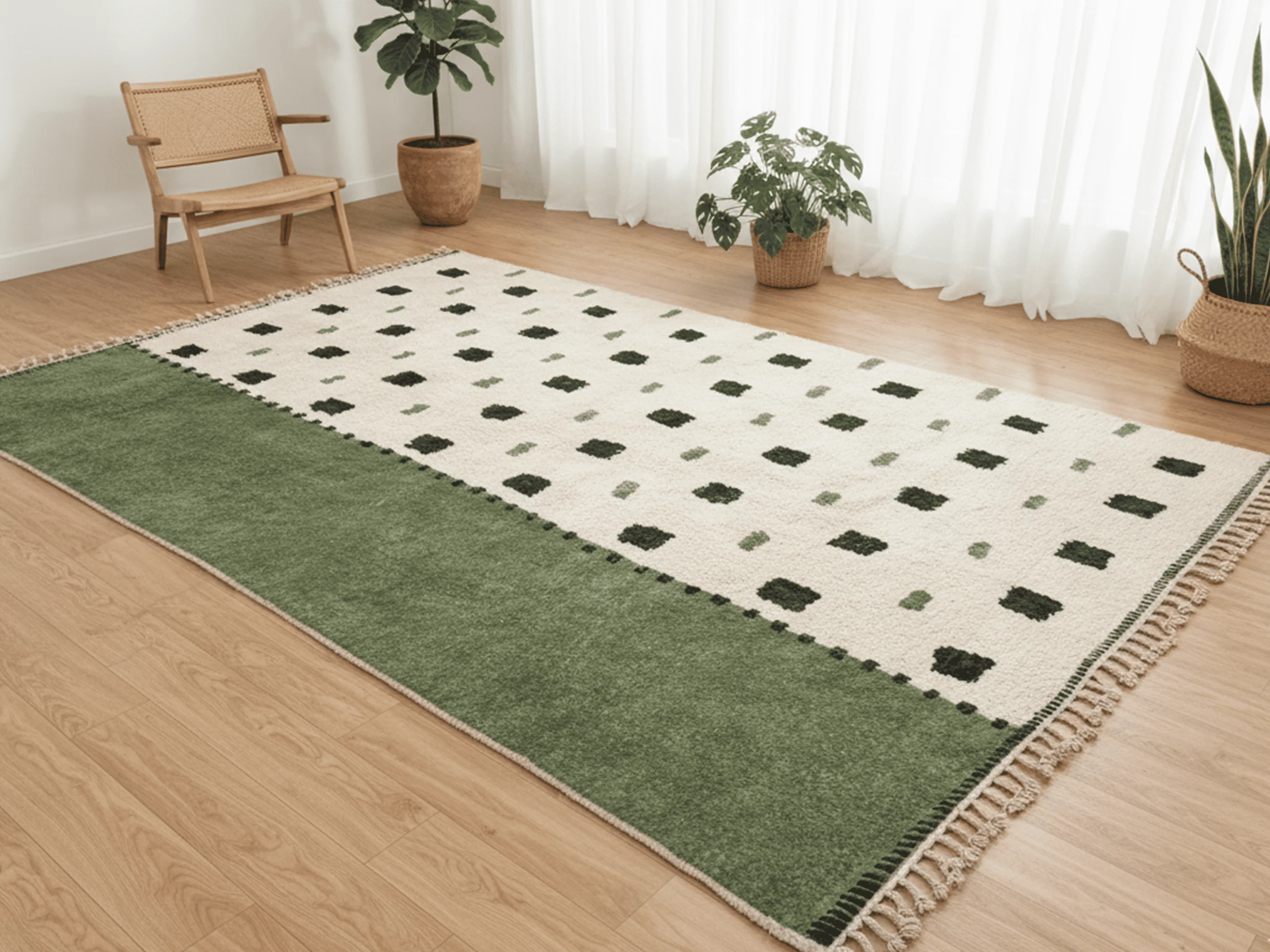 Ivory and green rug with black dots on a wood floor near a cane armchair, plants and sheer curtains.
