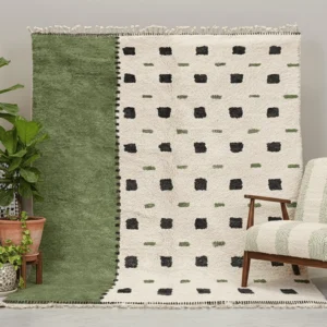 Tazrirt Moroccan Area Rug – Ivory & Green Color Block with Black Dots – Handmade Wool