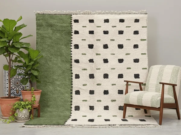 Ivory and green dotted rug hung against a gray wall with a striped armchair and a fiddle-leaf fig in front.