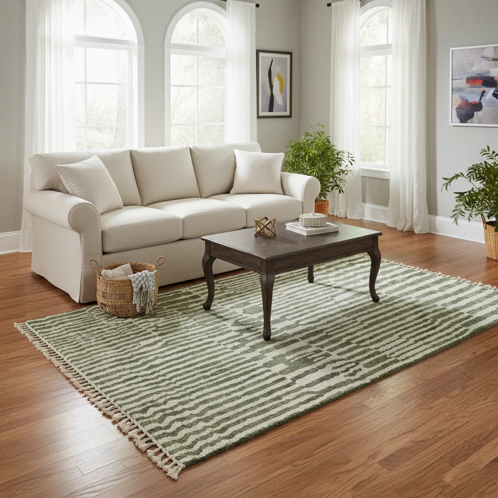 Green and ivory striped rug under a dark wood coffee table in front of a cream sofa and arched windows.