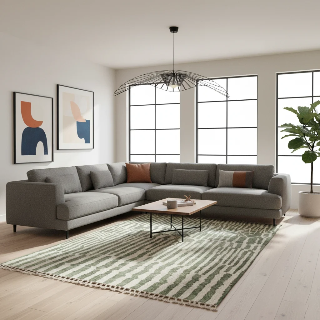 Green and ivory striped rug in a modern living room with a gray sectional and black-framed windows.