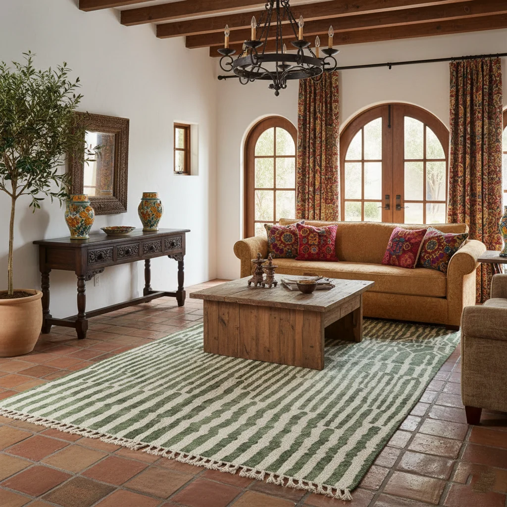 Green and ivory striped rug on terracotta tiles in a room with an ochre sofa, wood beams and arched doors.