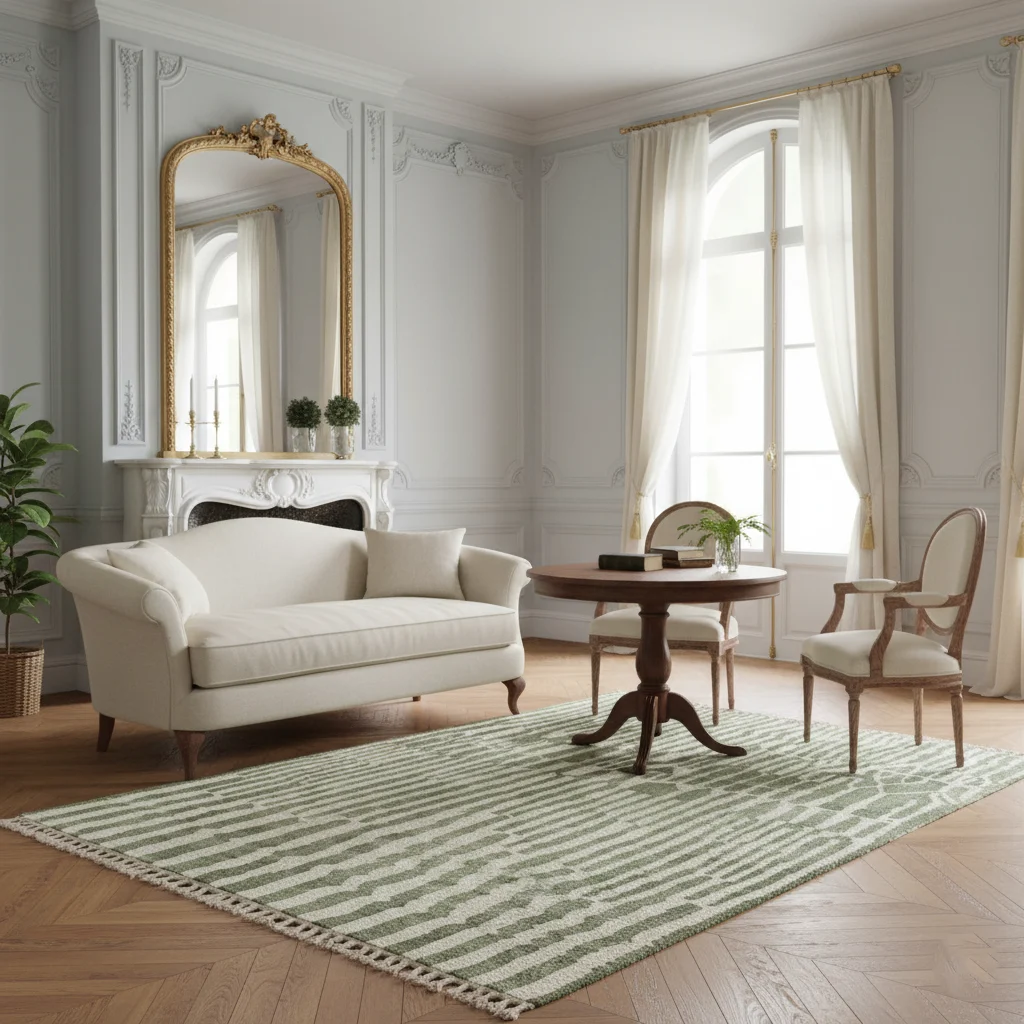 Green and ivory striped rug in a pale gray paneled salon with a cream sofa and a round pedestal table.
