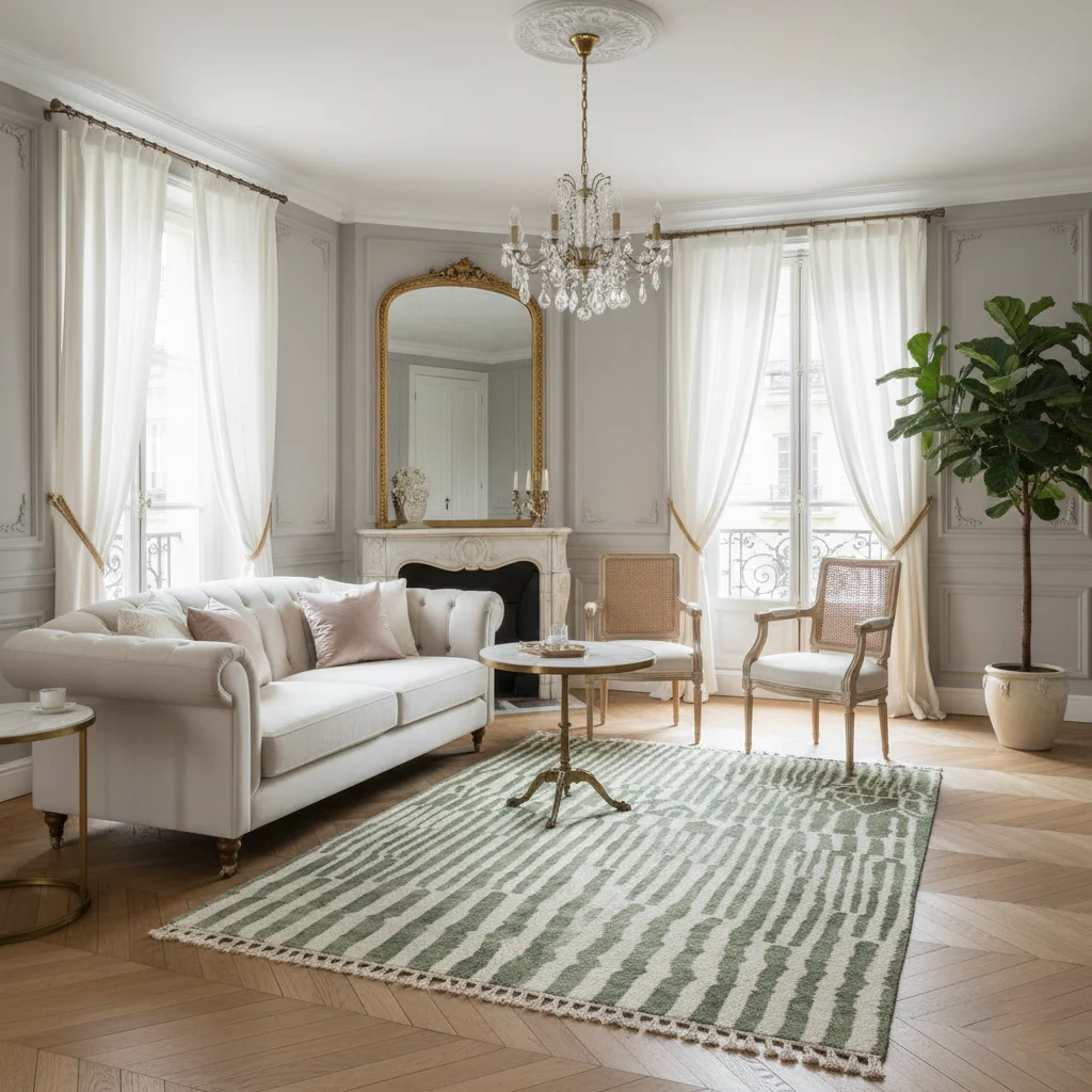 Green and ivory striped rug in a salon with a tufted cream sofa, marble fireplace and crystal chandelier.