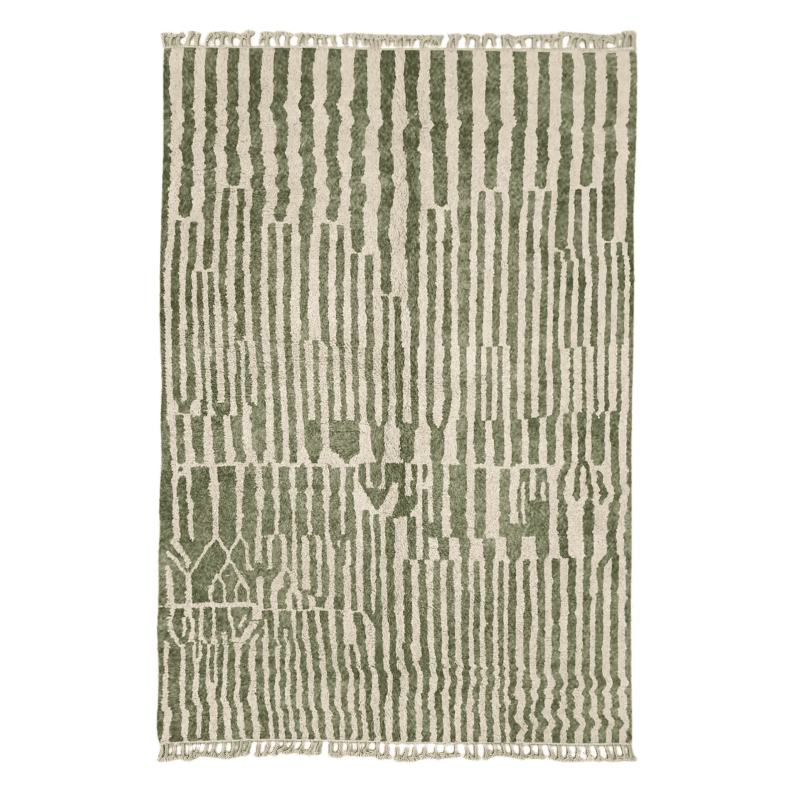 Sage green and ivory wool rug on a white background with irregular vertical stripes and fringe at both ends.