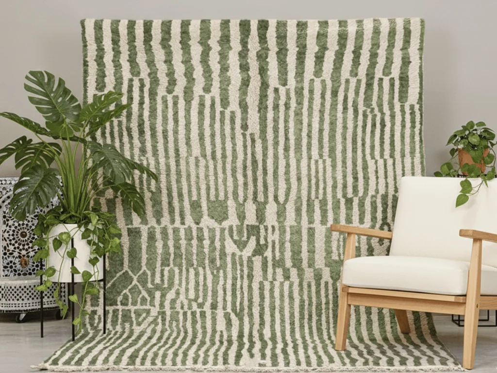 Tazrirt Moroccan Area Rug – Sage Green & Ivory Broken Stripes – Handmade Wool