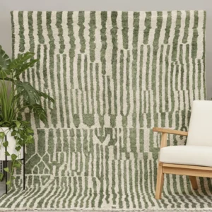 Tazrirt Moroccan Area Rug – Sage Green & Ivory Broken Stripes – Handmade Wool