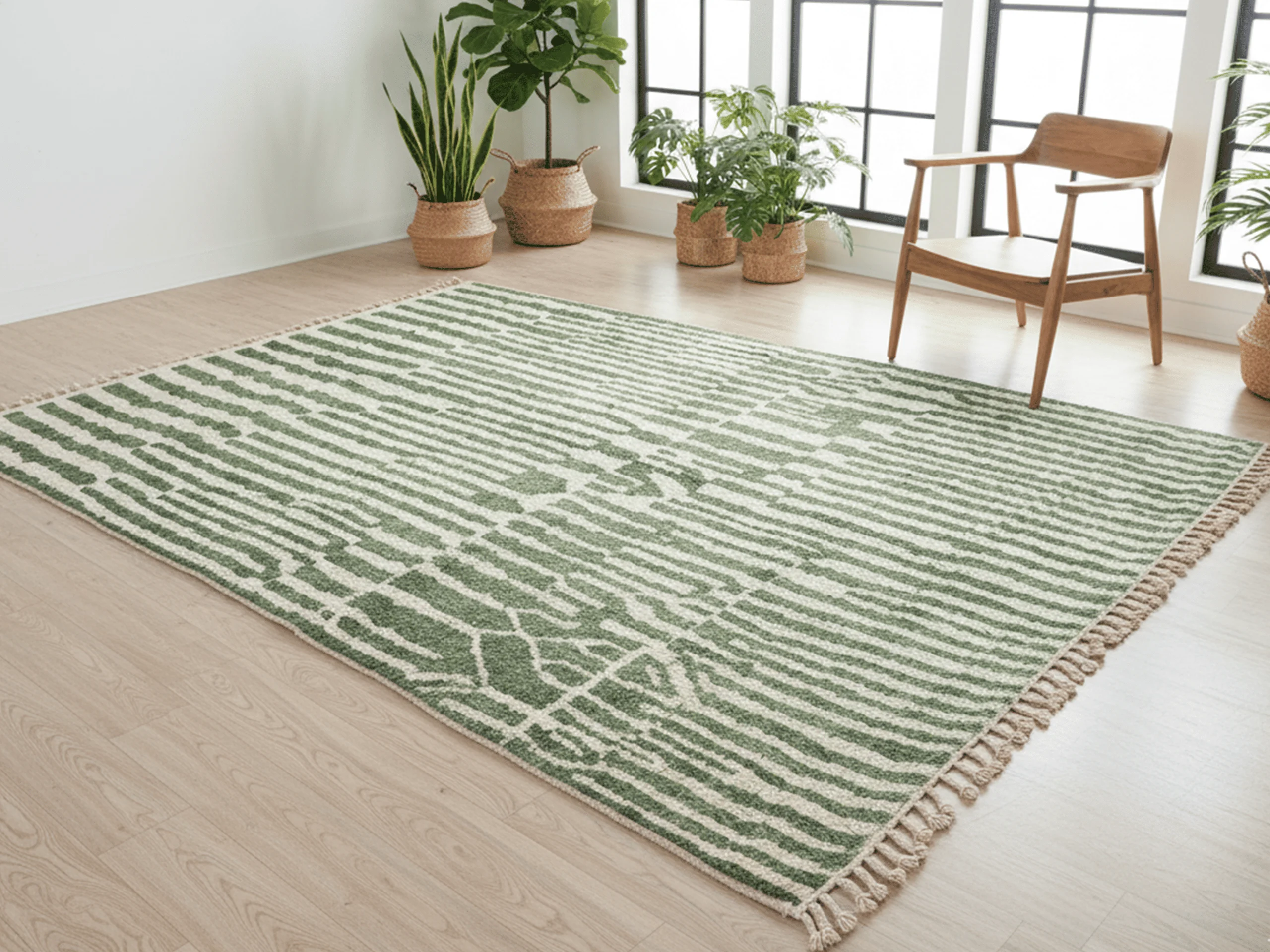 Angled view of the green and ivory striped rug on a pale wood floor with a wooden chair and plants.
