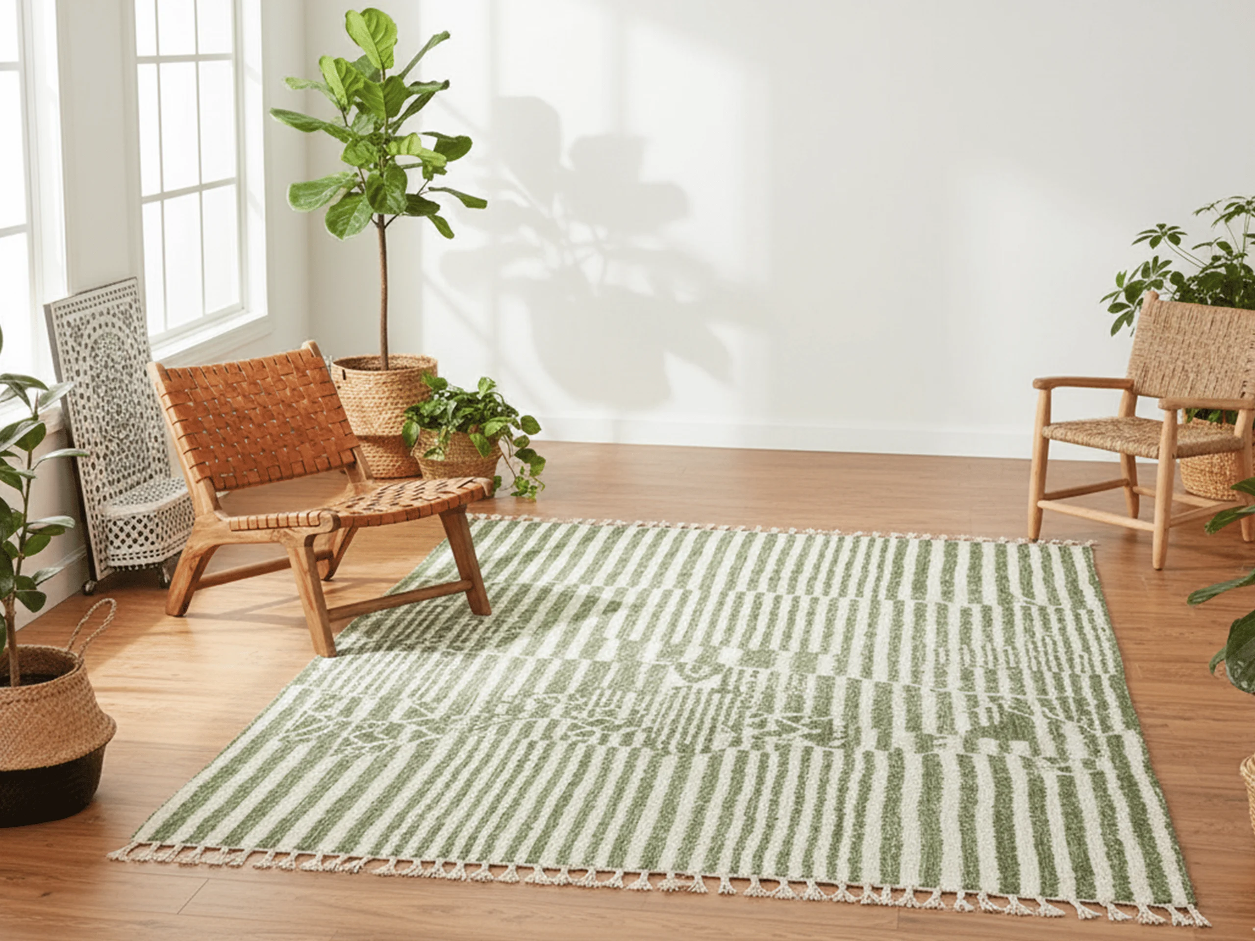 Green striped rug on a warm wood floor beside a woven leather lounge chair and a fiddle-leaf fig.