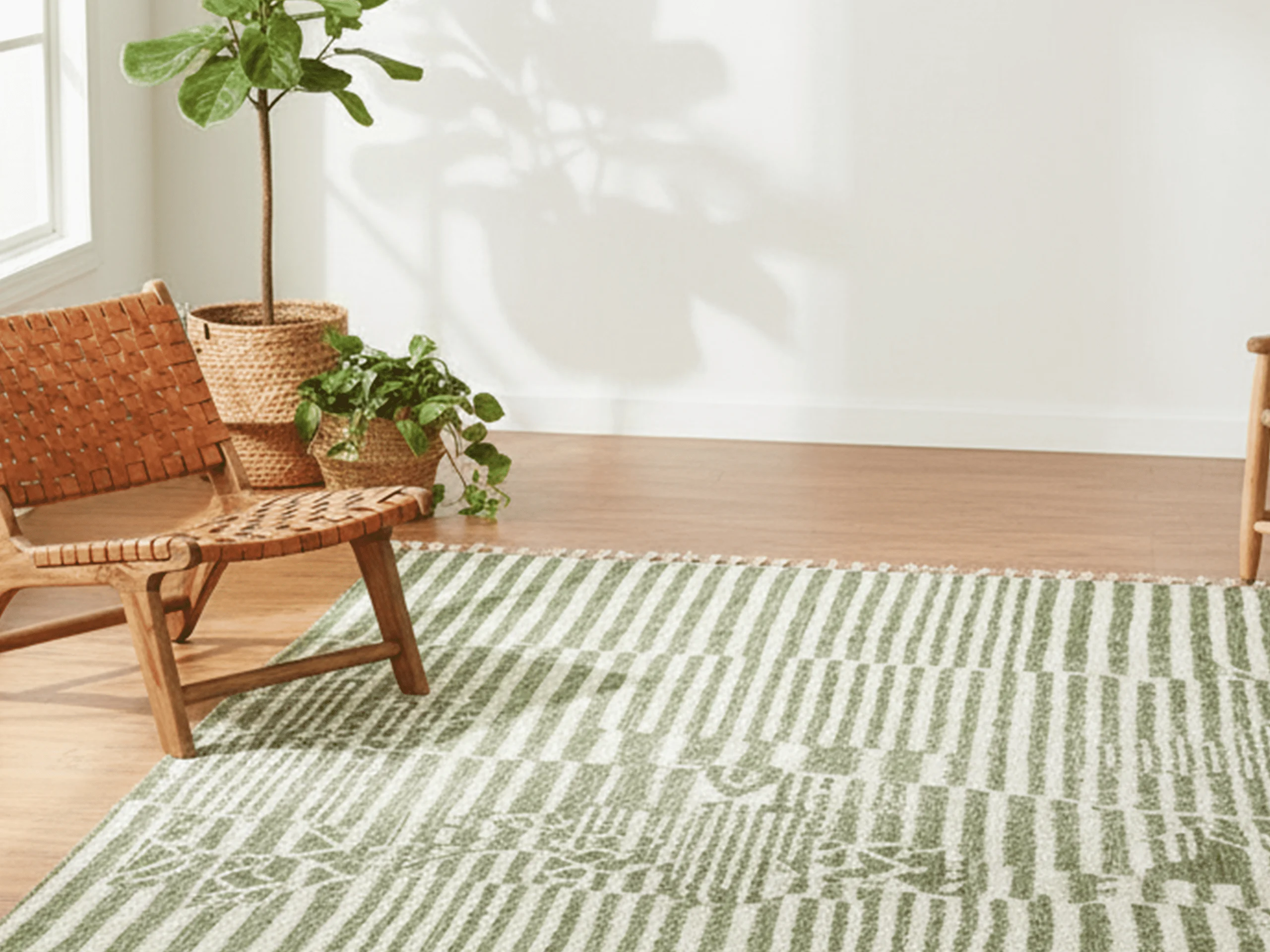Close view of a woven leather chair at the edge of the green and ivory striped rug.