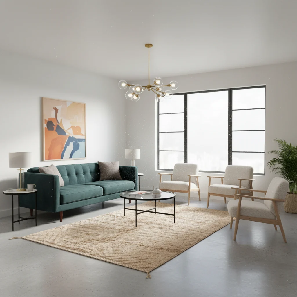 Beige textured rug on a concrete floor with a teal sofa, cream armchairs and a brass chandelier.