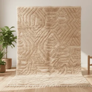Tazrirt Moroccan Area Rug – Tonal Beige Carved Geometric Relief – Handmade Wool