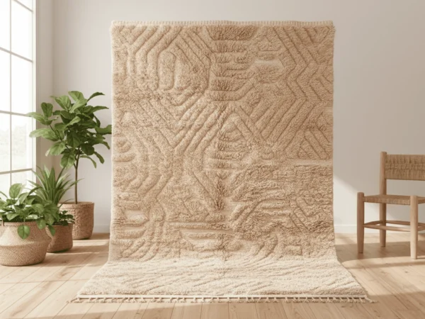 Beige relief rug hung against a wall and spread on a wood floor, with potted plants and a wooden stool.