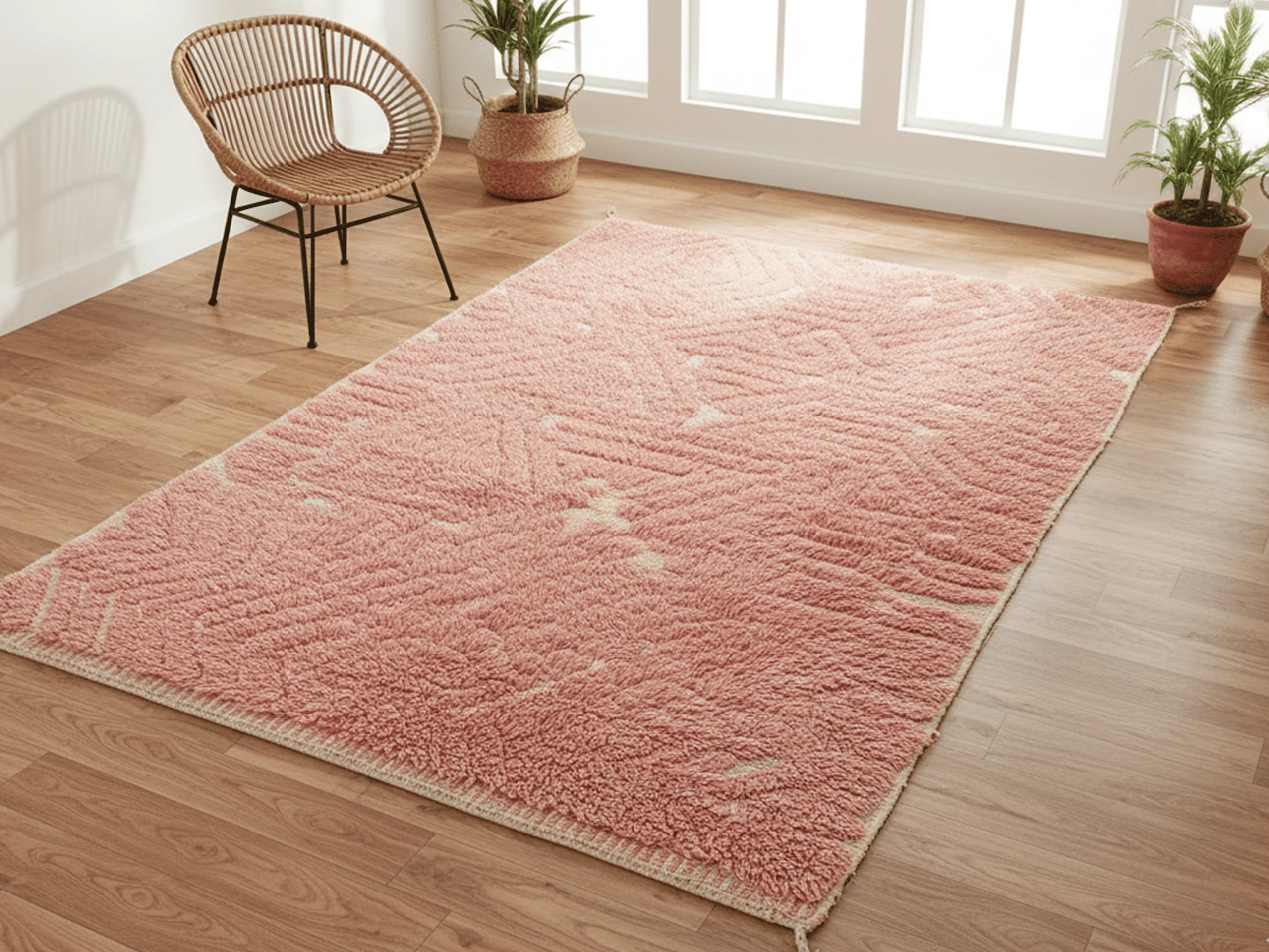 Coral pink textured rug on a wood floor near a rattan chair and potted plants.