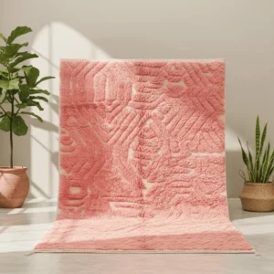 Tazrirt Moroccan Area Rug – Coral Pink & Cream Carved Relief – Handmade Wool