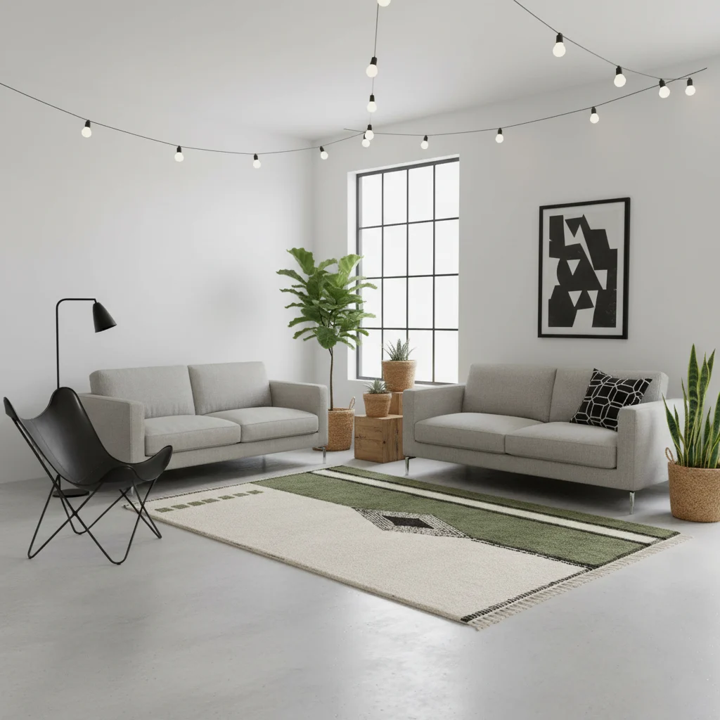 Ivory and green diamond rug on a concrete floor with gray sofas, a butterfly chair and string lights.