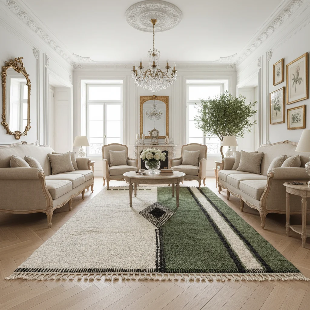 Ivory and green diamond rug in a white paneled salon with beige curved sofas and a chandelier.