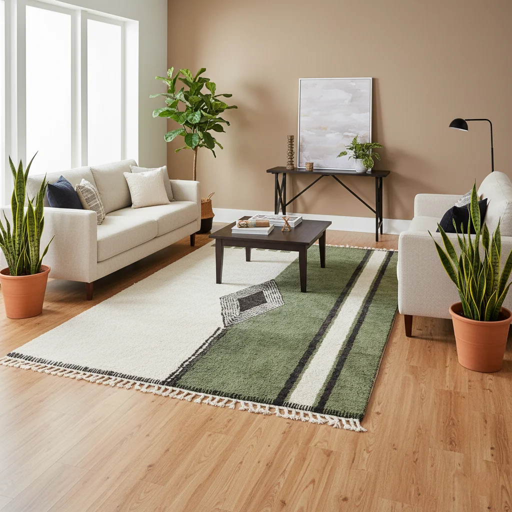 Ivory and green diamond rug on a wood floor with cream sofas, snake plants and a dark coffee table.