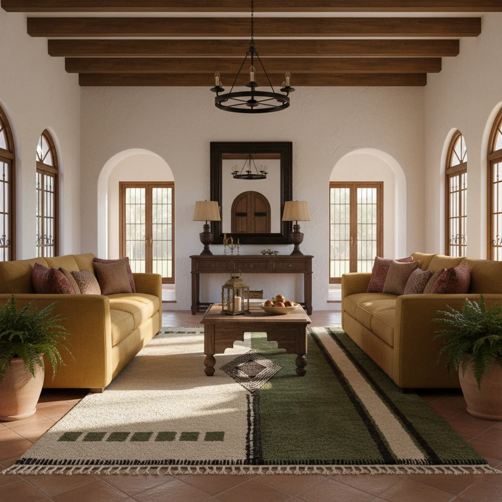 Ivory and green diamond rug on terracotta tiles between mustard sofas under wood beams.