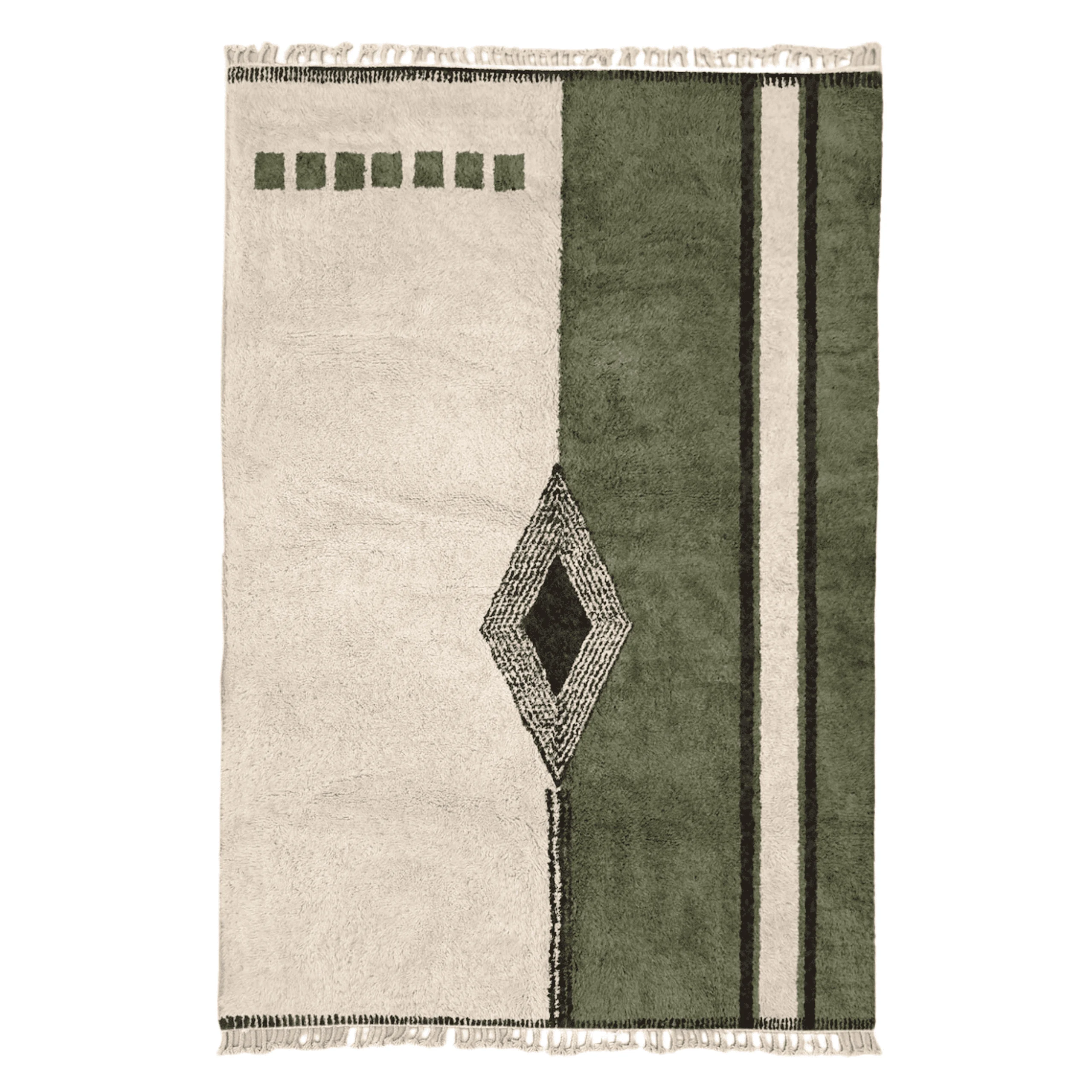 Wool rug on a white background split lengthwise into ivory and green halves, with a black and white diamond at the center and a cream stripe on the green side.