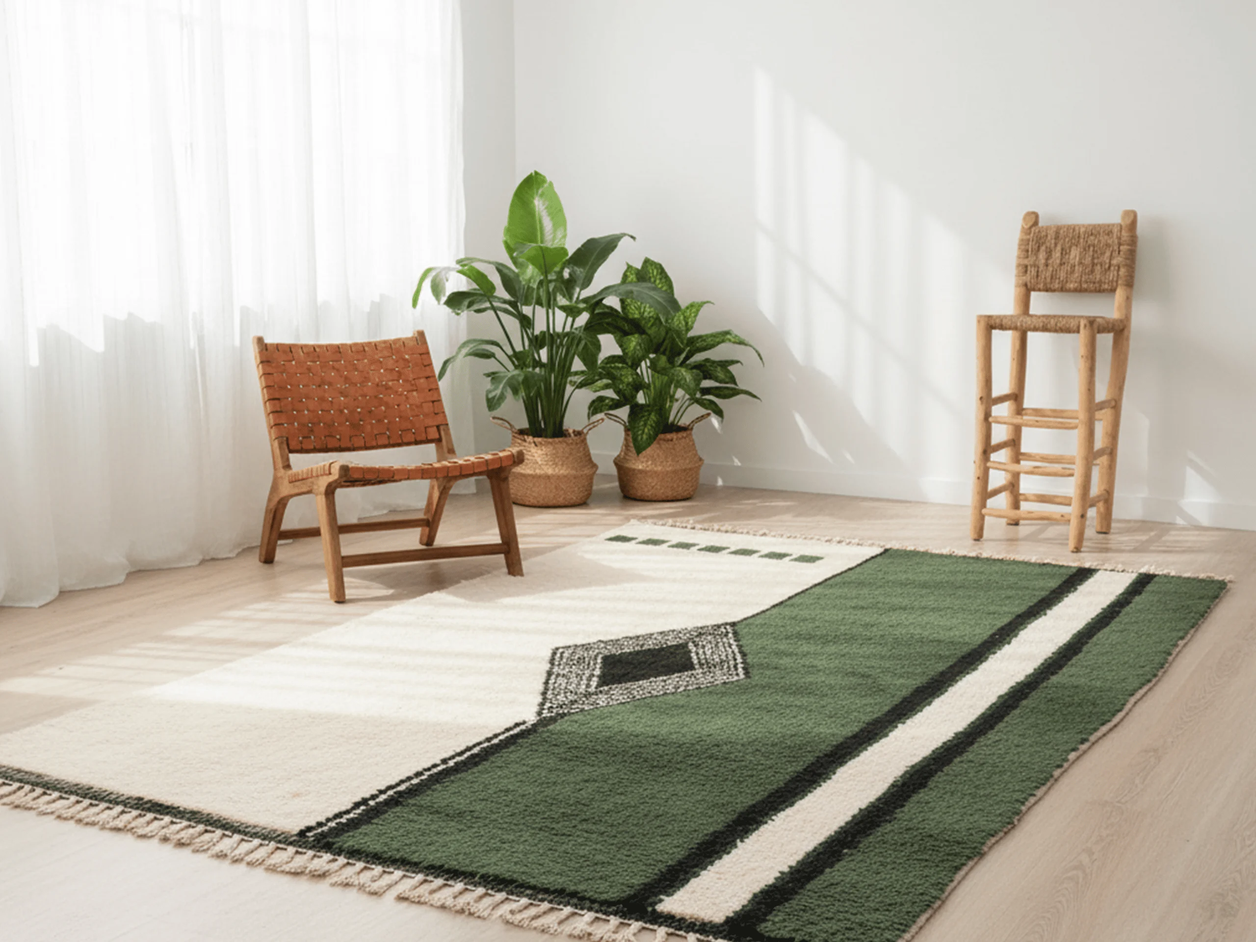 Ivory and green rug on a pale wood floor near a woven leather chair, plants and a wooden stool.