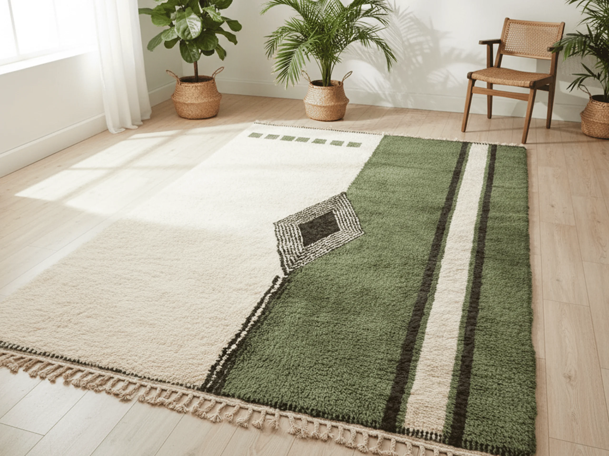 Angled view of the ivory and green rug showing the central diamond, cream stripe and fringe.