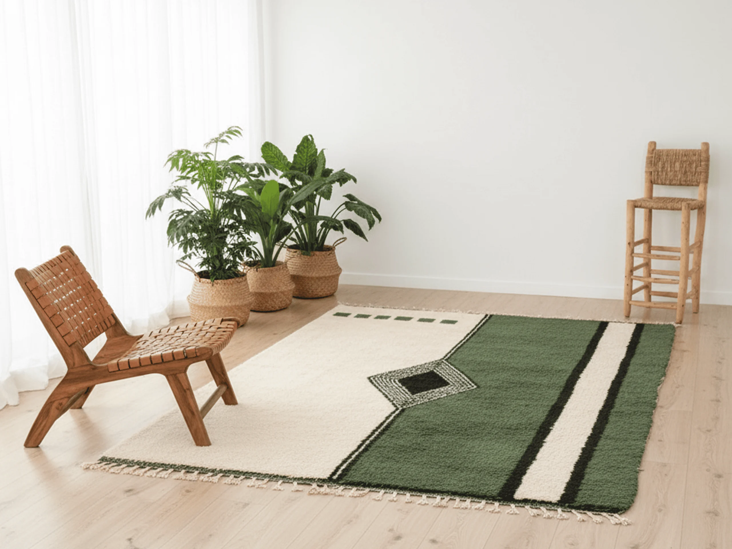 Ivory and green split rug in a bright room with a leather lounge chair and plants.