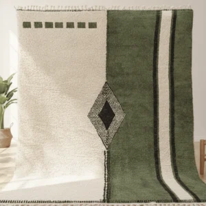 Tazrirt Moroccan Area Rug – Ivory & Green Split Field with Diamond – Handmade Wool