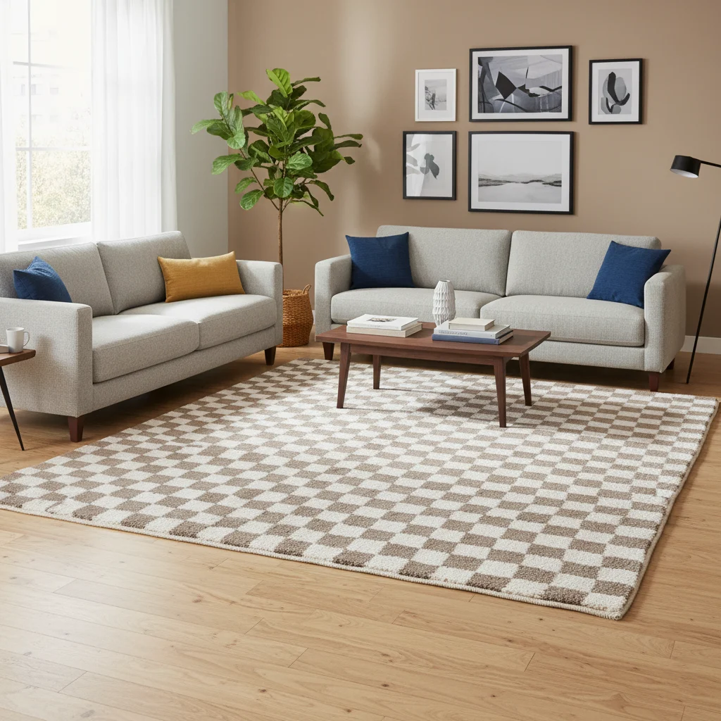 Beige and ivory checkered rug under a wood coffee table with two light gray sofas and navy cushions.