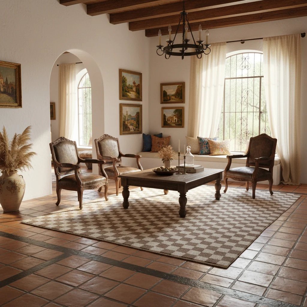 Beige and ivory checkered rug on terracotta tiles with carved wood armchairs, an arched doorway and wood beams.