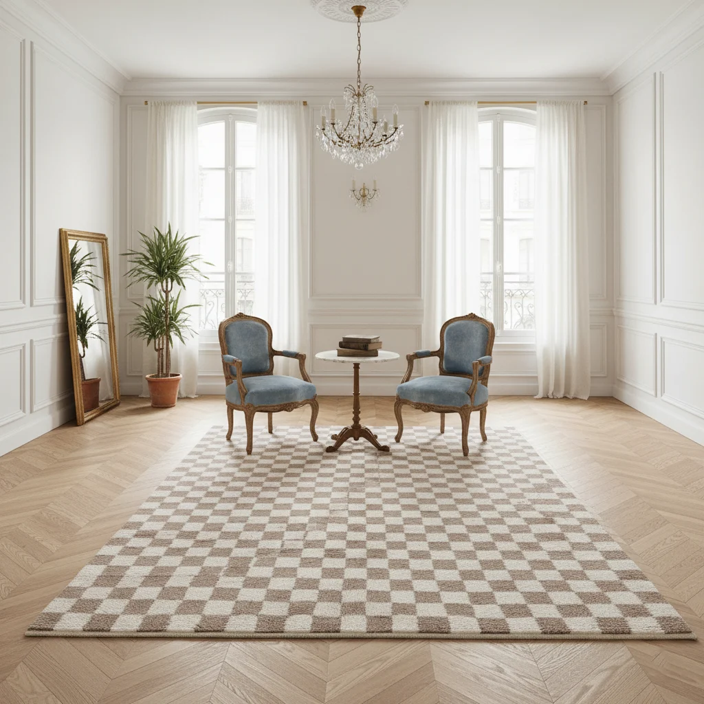 Beige and ivory checkered rug in a white paneled room with two blue armchairs, a chandelier and herringbone parquet.