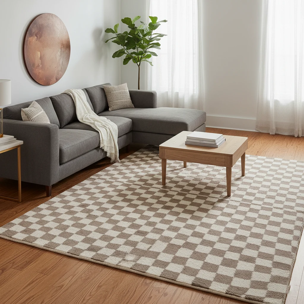 Beige and ivory checkered rug in front of a charcoal sectional with a light wood coffee table.