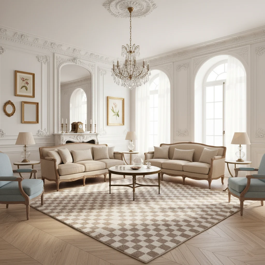 Beige and ivory checkered rug in an ornate white salon with beige sofas, blue armchairs and a crystal chandelier.