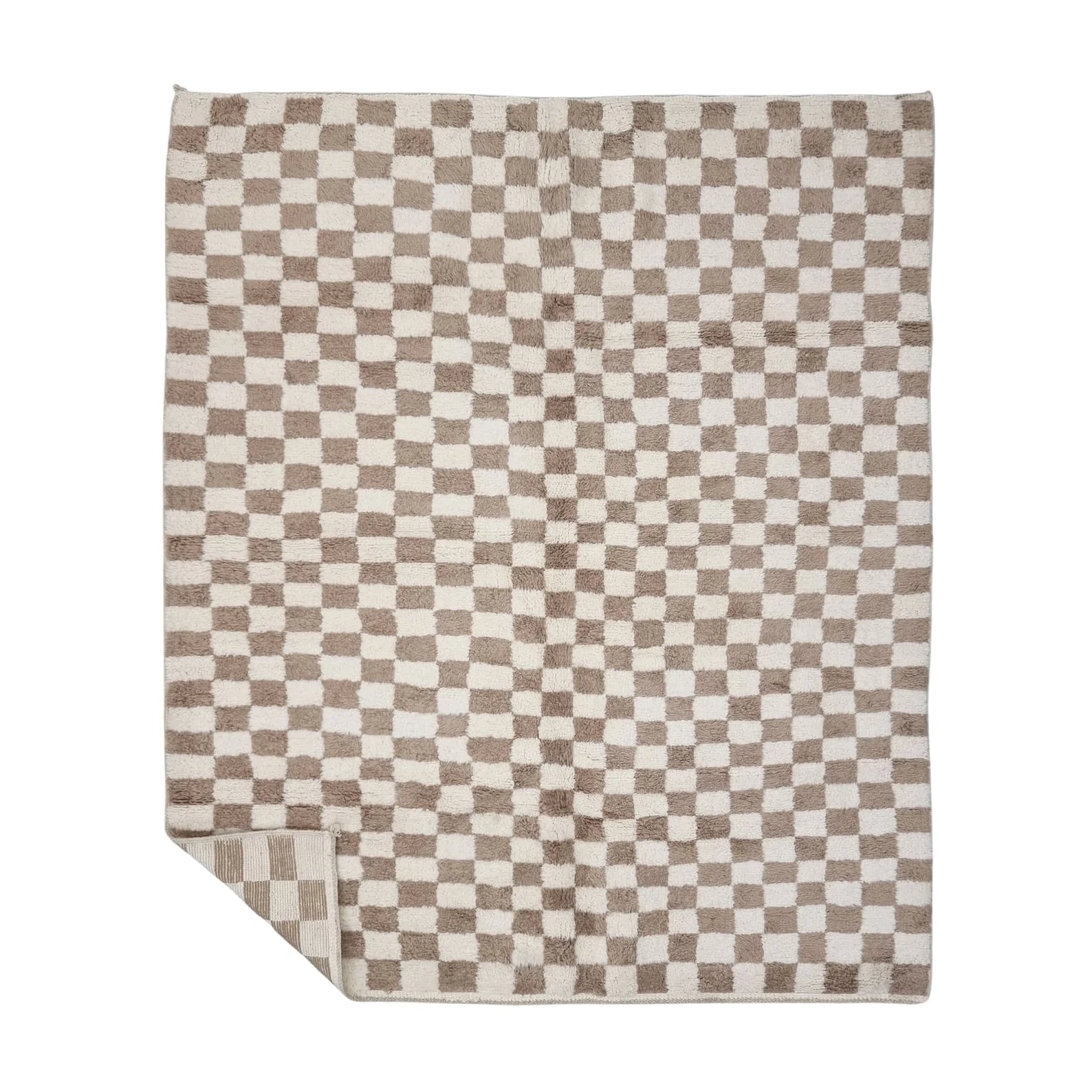 Beige and ivory checkerboard wool rug on a white background with one corner folded to show the reverse.