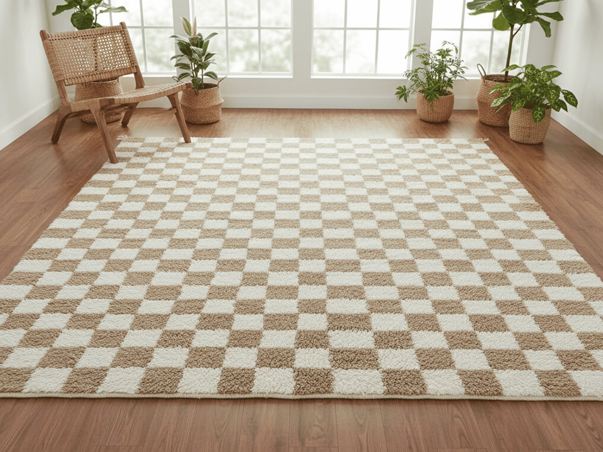Beige and ivory checkered rug on a wood floor in a room with a cane chair and plants by the window.