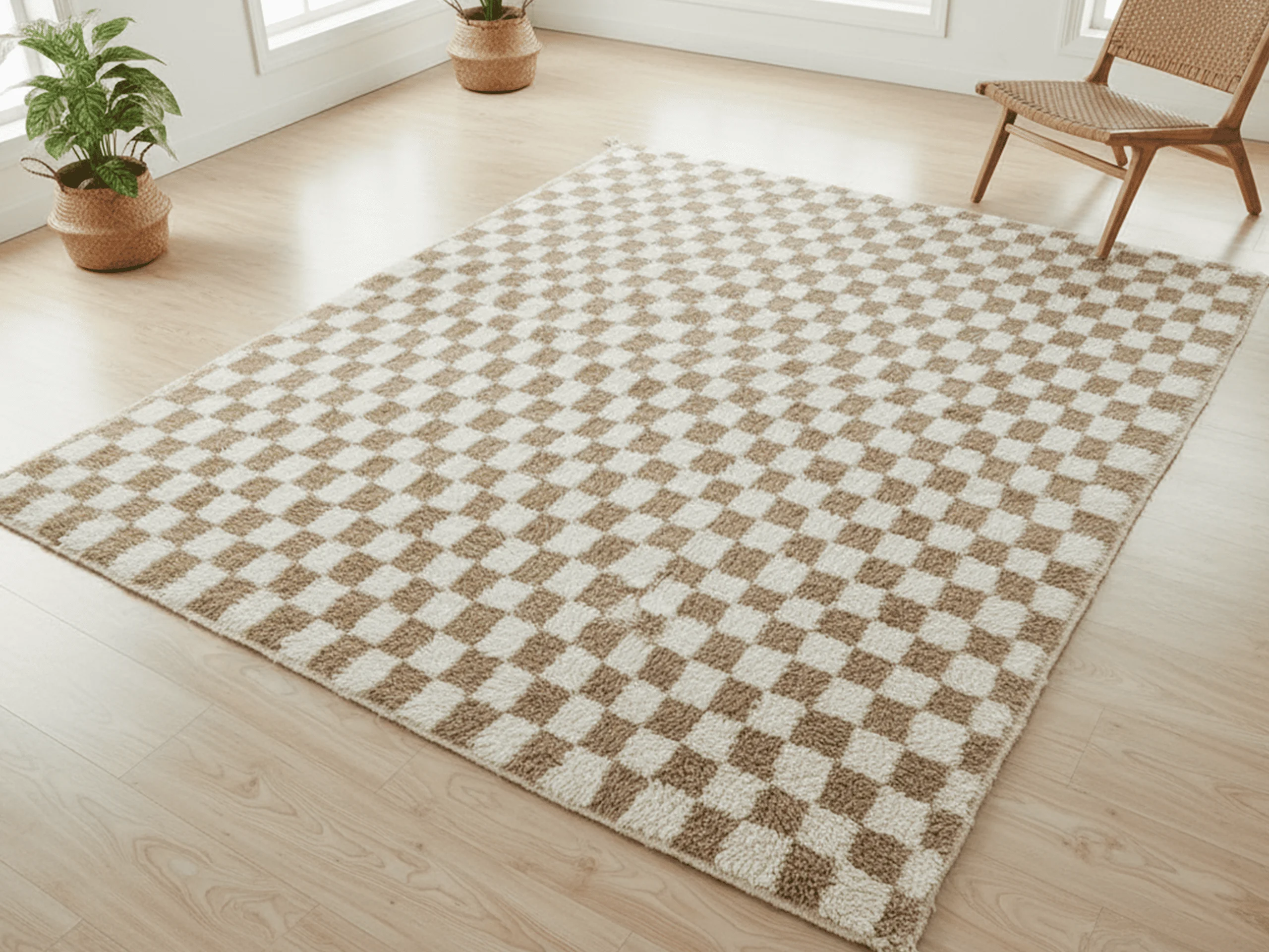 Angled overhead view of the checkered rug on a pale wood floor with a cane chair and plants.