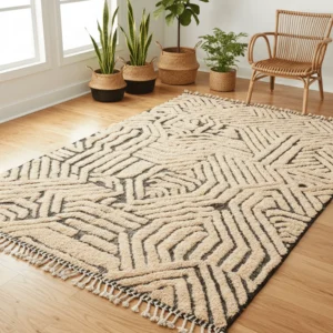 Tazrirt Moroccan Area Rug – Sand Beige & Charcoal Geometric Relief – Handmade Wool