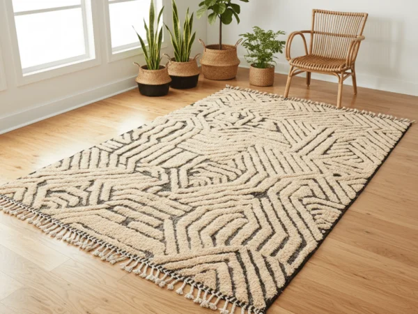 Beige and charcoal geometric rug on a wood floor by a rattan armchair and potted plants.