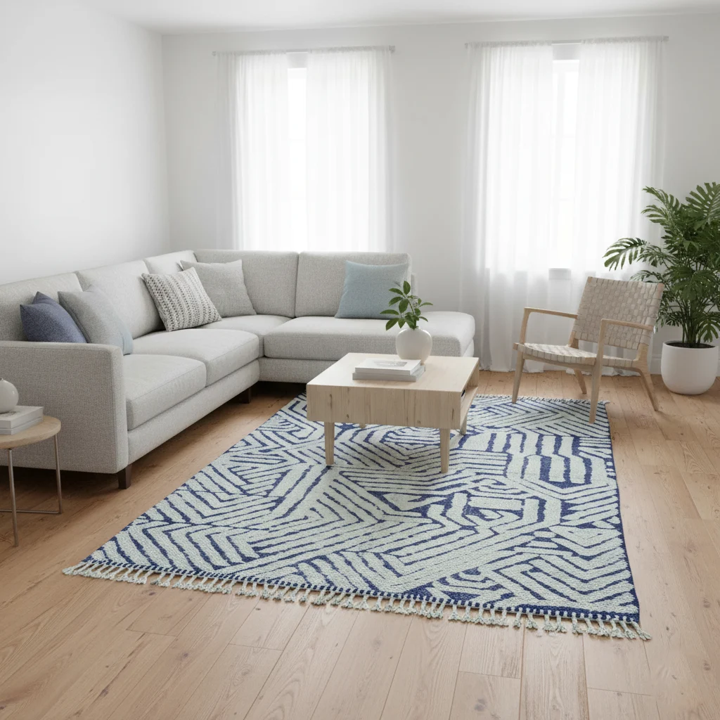 Mint and indigo geometric rug in a bright living room with a pale gray sectional and a wood block coffee table.