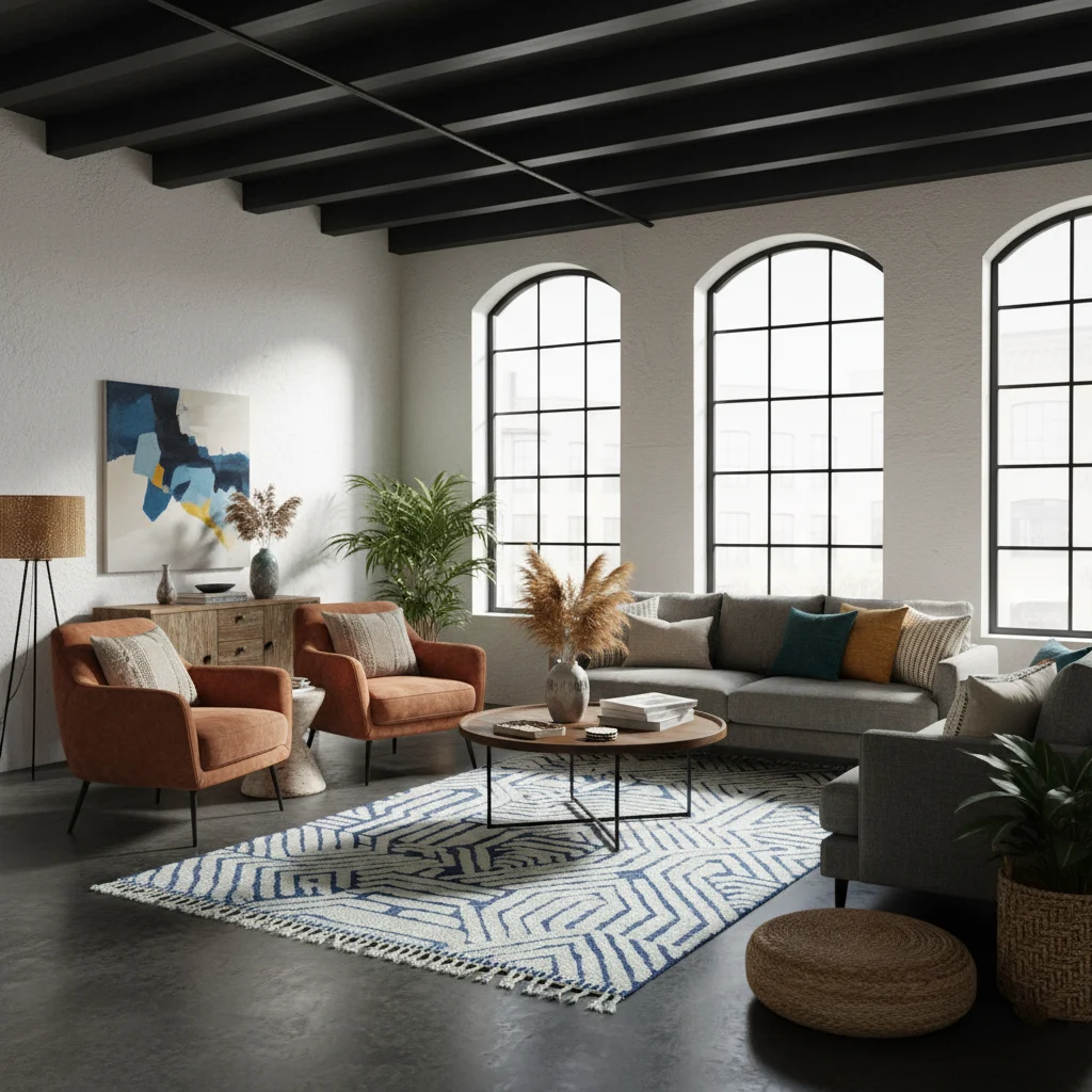 Mint and indigo geometric rug in a loft with black ceiling beams, arched windows and rust armchairs.