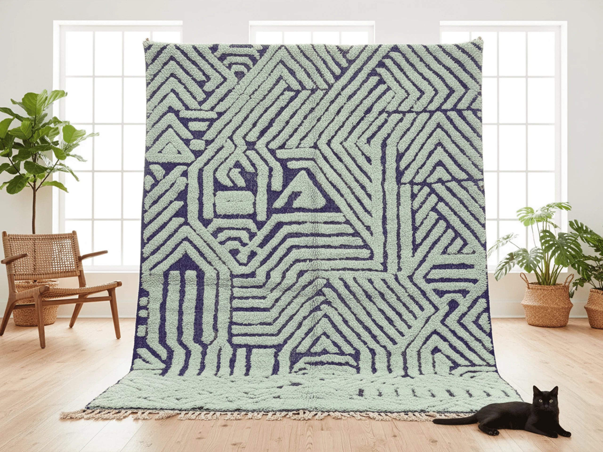 Mint and indigo relief rug hung in front of bright windows, with a black cat lying on it, a cane chair and potted plants.