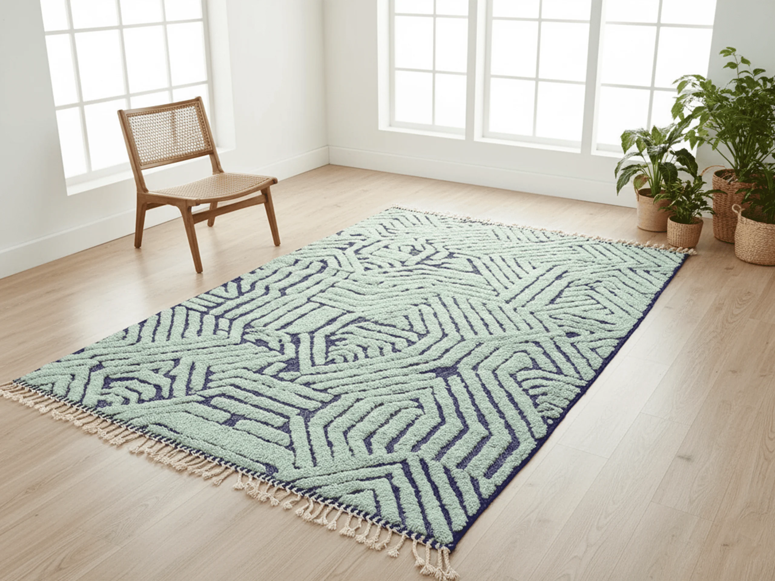 Angled view of the mint green rug with indigo lines on a wood floor beside a cane chair and plants.