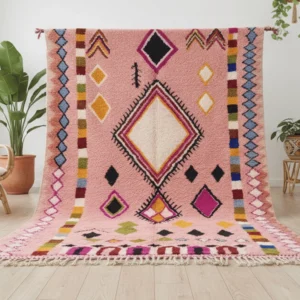 Tazrirt Moroccan Area Rug – Pink Field with Multicolor Diamonds – Handmade Wool