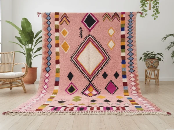 Pink rug with multicolor diamonds hung against a wall and spread on the floor, beside a banana plant and a rattan chair.