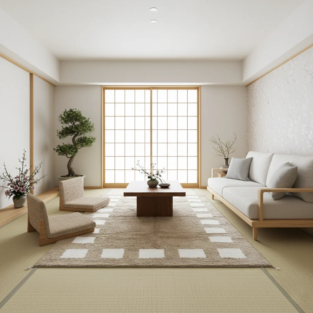 Taupe and white bordered rug in a Japanese-style room with tatami flooring, a low table and shoji screens.